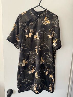 Zara Black Kimono Dress with Gold Floral & Landscape Print